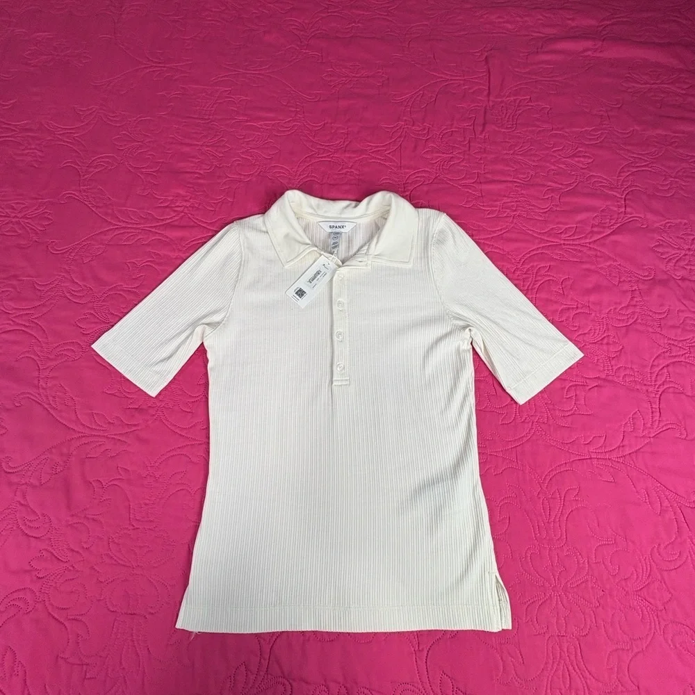 SPANX Ivory Ribbed Button-Up Top